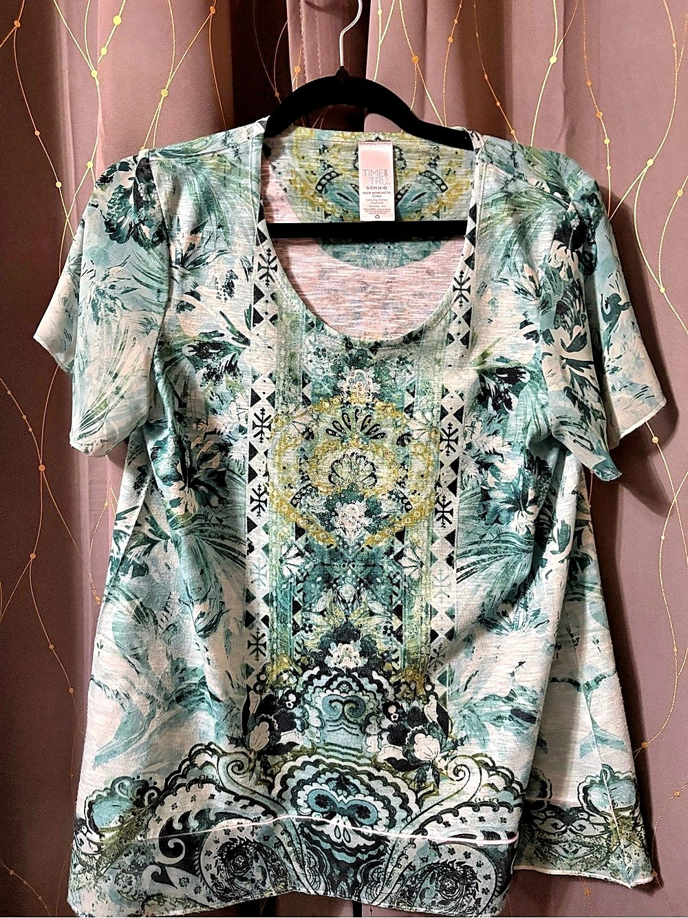 Time and Tru Paisley Tunic in Green & White Size Small